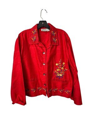 Chicos Design Red Silk Embroidered Button-Down Shirt With Elephant & Floral Deta